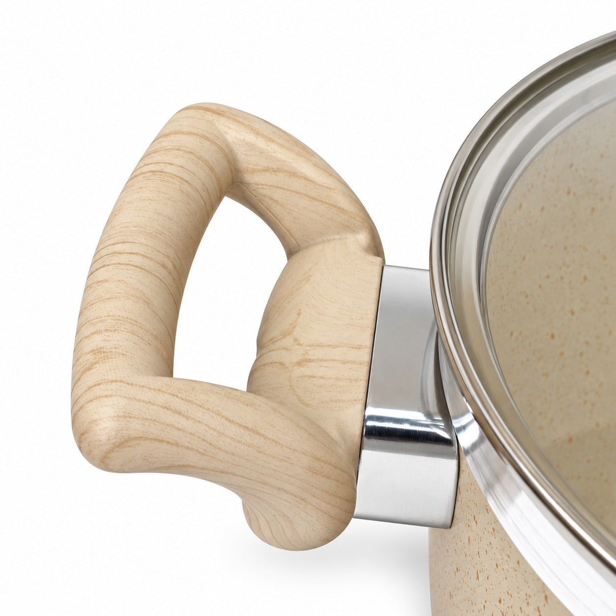 Close-up of a beige speckled pot with a curved light wood handle and a shiny silver metal collar, shown on a white background.