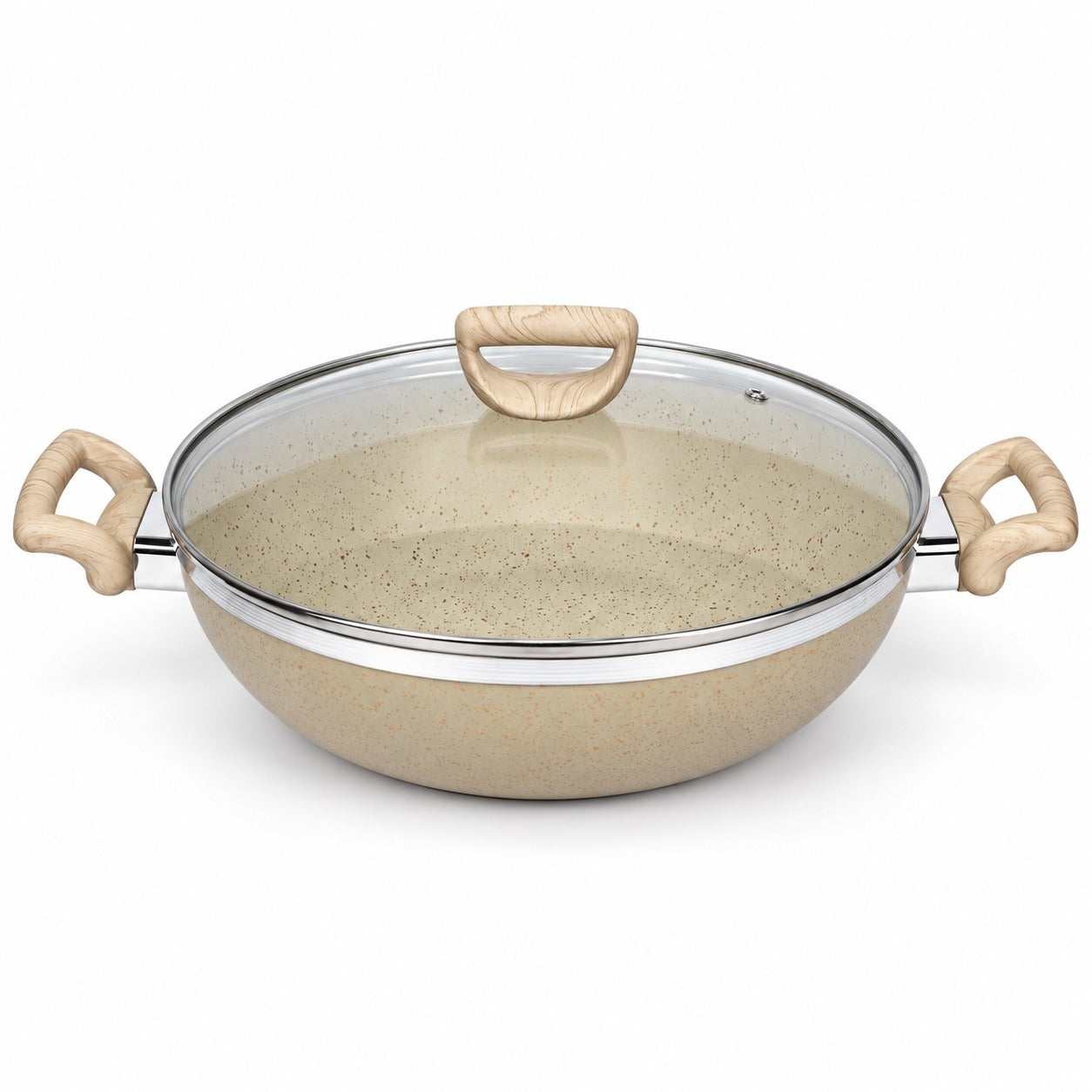 A beige speckled non-stick wok with a clear glass lid and light wood handles, shown on a clean white background.