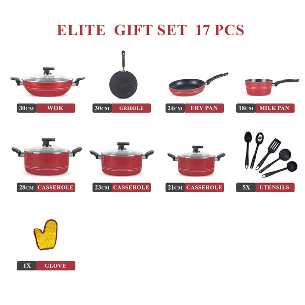 17 Pieces Non-Stick Marble Coat Elite Gift Pack Set Maroon