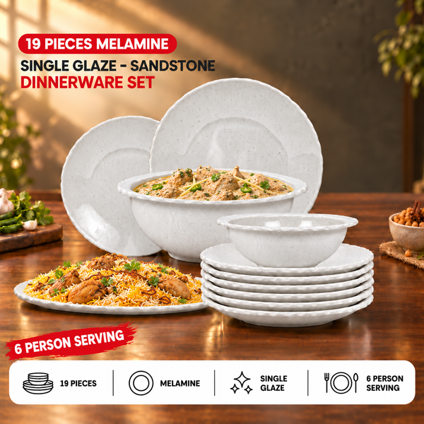 19 Pieces Melamine Single Glaze - Sandstone Dinnerware Set [6 Person Serving]