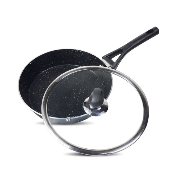 24cm Non Stick Marble Coated Signature Frypan with Glass Lid - Black