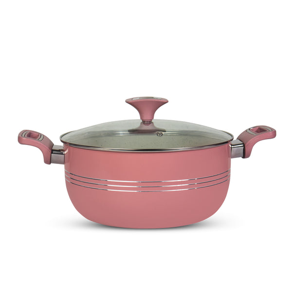 Non Stick Marble Coated Innovant Casserole (Daigchi/Baigona) with Glass Lid - Pink