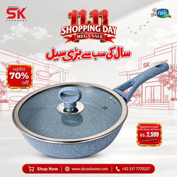 24cm Non Stick Marble Coated Signature Frypan with Glass Lid