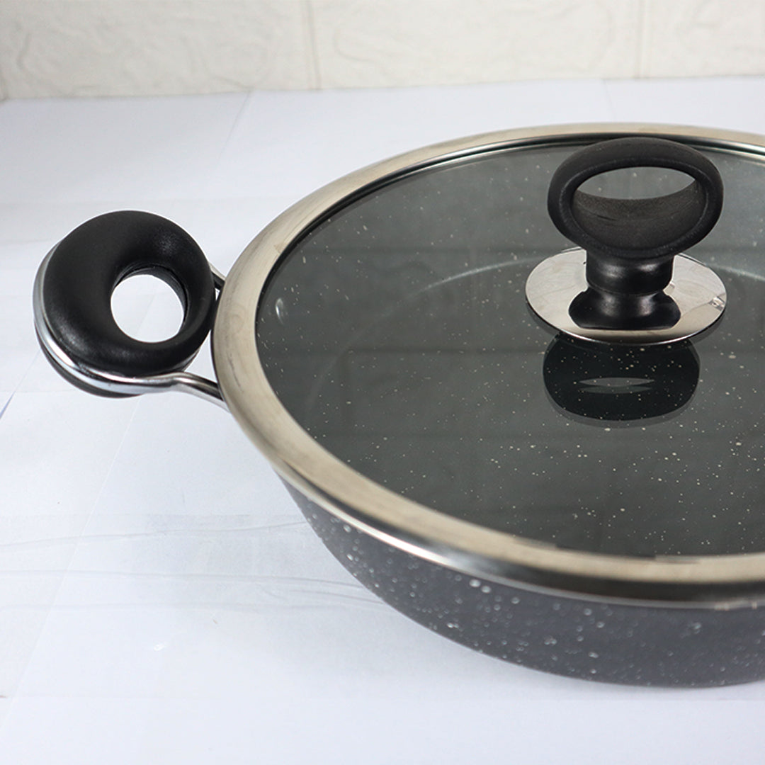 24cm Non Stick Marble Coated Signature Frypan with Glass Lid & Handle - Black