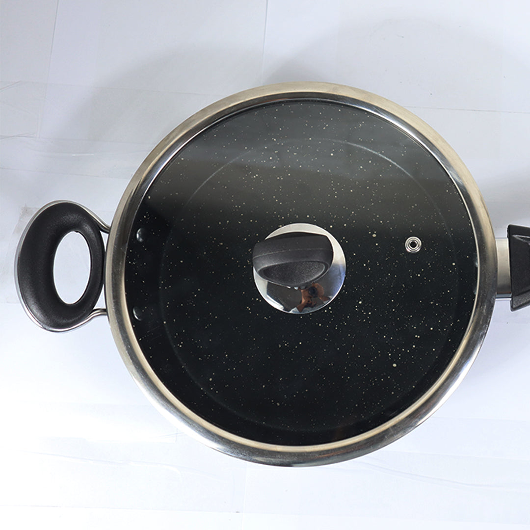 24cm Non Stick Marble Coated Signature Frypan with Glass Lid & Handle - Black