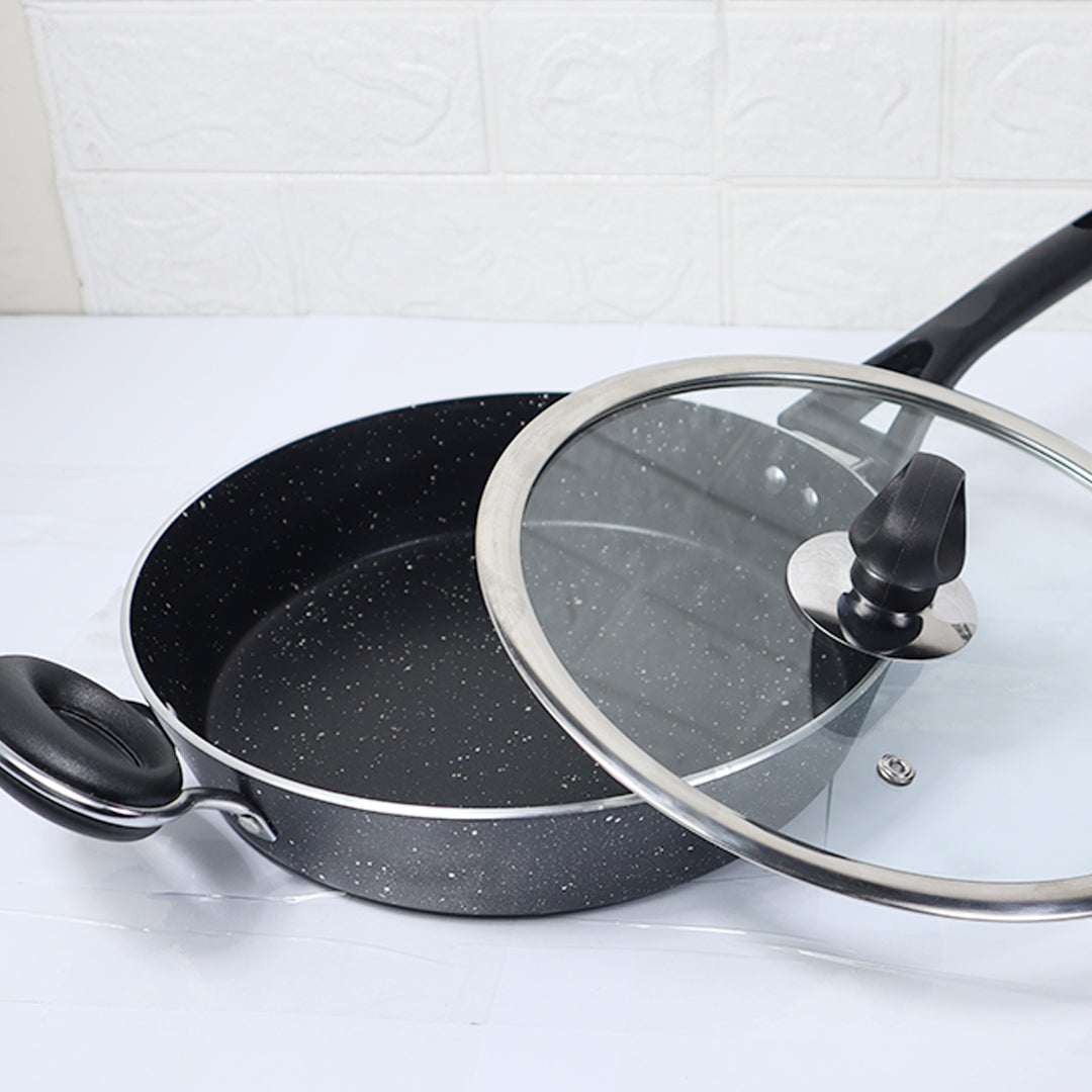 24cm Non Stick Marble Coated Signature Frypan with Glass Lid & Handle - Black