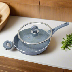 24cm Non Stick Marble Coated Signature Frypan with Glass Lid & Handle - Gray
