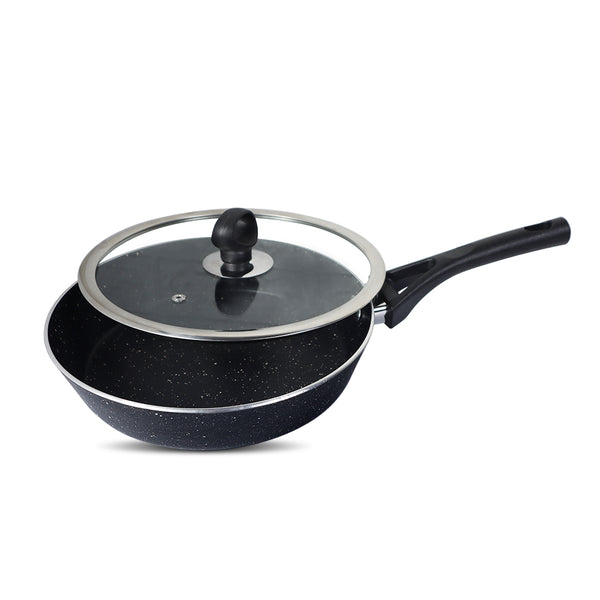 24cm Non Stick Marble Coated Signature Frypan with Glass Lid - Black