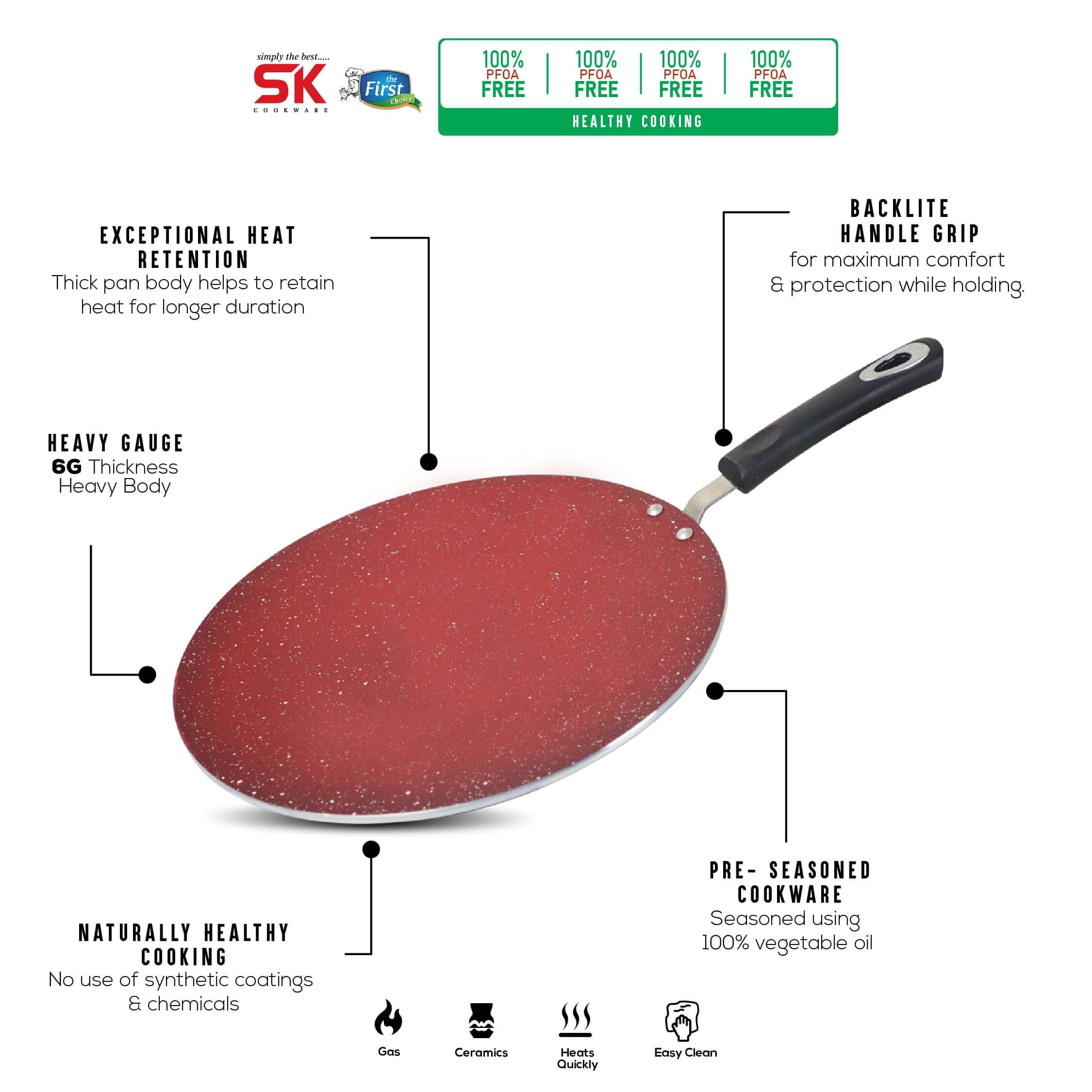 30cm Marble Coated Classic 6G Tawa/ Griddle/ Paratha Pan - Maroon