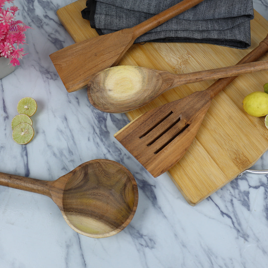 4 Piece Fancy Wooden Cooking Utensils Set of Spoons for Non-Stick Cookware