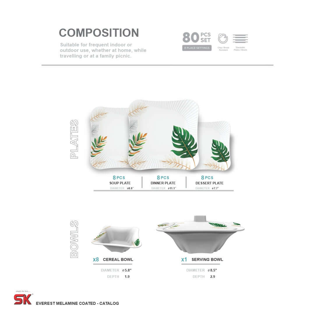 64 Pieces Melamine Single Glaze Bloom Dinnerware Set - 03