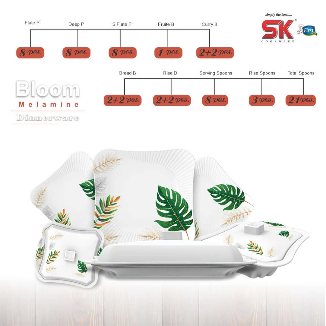 64 Pieces Melamine Single Glaze Bloom Dinnerware Set - 03