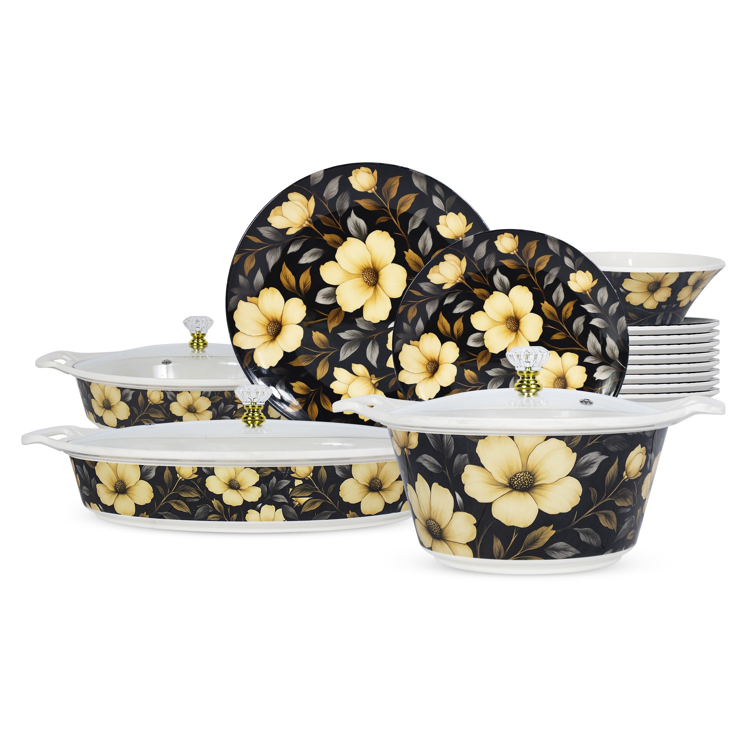 69 Pieces Melamine Rawayat Dinnerware Set with Glass Top [8 Person Serving] - Black - Skcookware