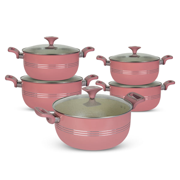 10 Pieces Non Stick Marble Coated Innovant Casserole (Daigchi/Baigona) Set - Pink