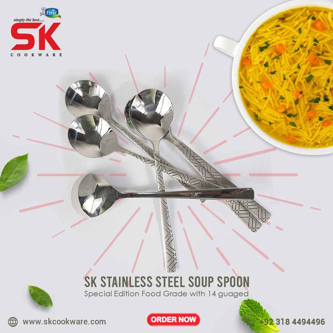 6 Pieces Stainless Steel Soup Spoons Set - 14 Gauged - Skcookware