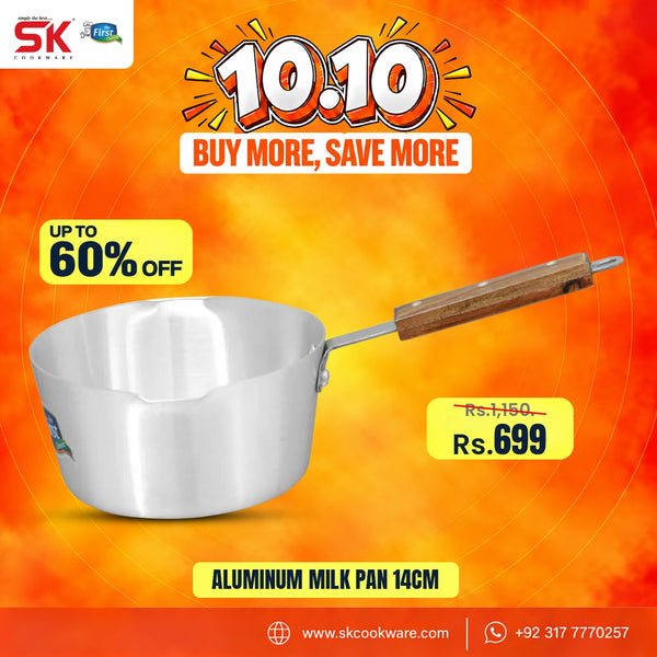 An advertisement for a 14cm aluminum milk pan. The pan is made of silver aluminum with a brown wooden handle, shown against a bright orange and yellow background with promotional text including '10:10 BUY MORE, SAVE MORE', 'UP TO 60% OFF', and the price 'Rs.