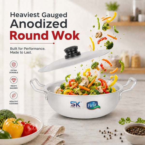 Aluminum Heavy Gauged Anodized Round Wok Detailed Banner  - Sk Cookware