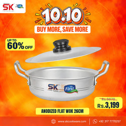 Anodized flat wok in silver aluminum with a glass lid, shown against a bright orange promotional background with SK Cookware branding and sale text.