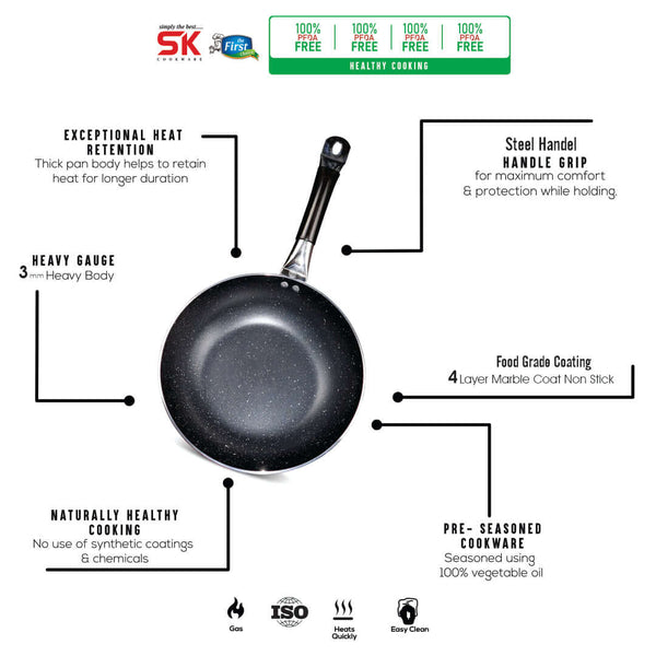 Black Mirror Polish Steno Deep Wok Frying Pan inside Marble Coat - skcookware