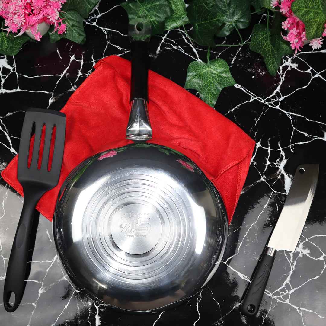 Black Mirror Polish Steno Deep Wok Frying Pan inside Marble Coat - Skcookware