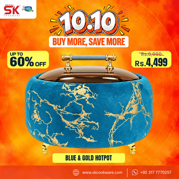 Premium Light Blue & Gold Hotpot – Stylish Food Warmer with Glass Lid