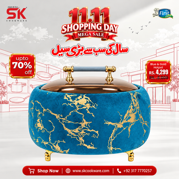 Premium Light Blue & Gold Hotpot – Stylish Food Warmer with Glass Lid