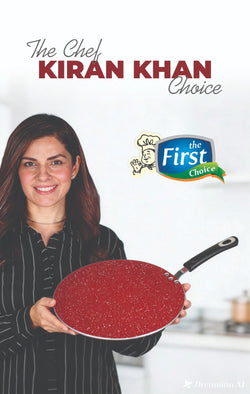 Woman holding a red speckled frying pan with 'The First Choice' logo and text on a white background