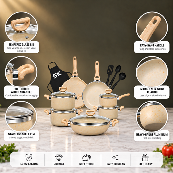 16 Pieces Non Stick Daffodil Gift Pack Set Soft Touch China Wooden Texture Handle