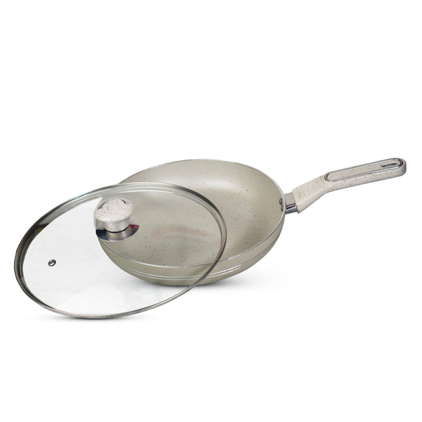 Non Stick Marble Coated Royal Frypan with Glass Lid - Off White