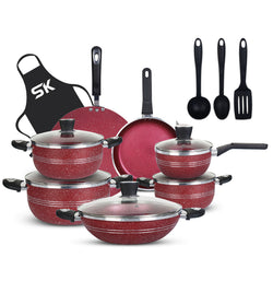 16 Pieces Marble Coated Gift Pack Daisy Cookware Set - Maroon