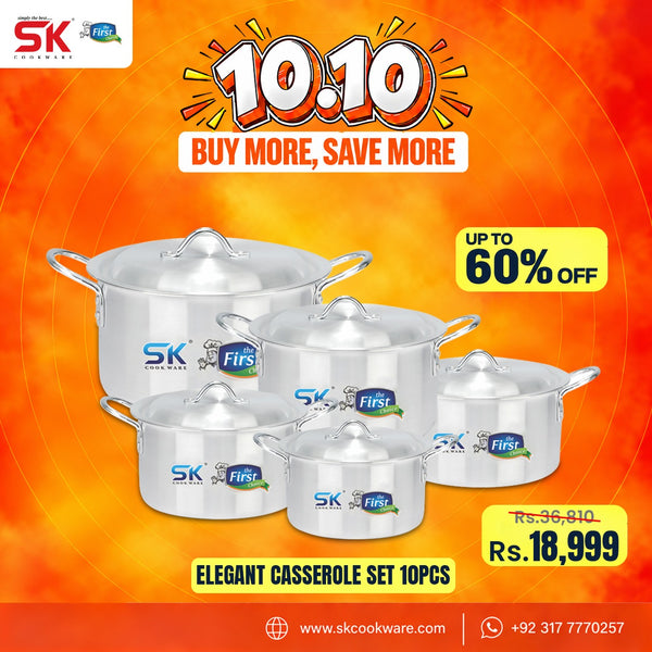 A promotional graphic for an SK cookware elegant casserole set of 10 pieces. The image shows five stainless steel pots of different sizes with lids, arranged on a vibrant orange and yellow gradient background.