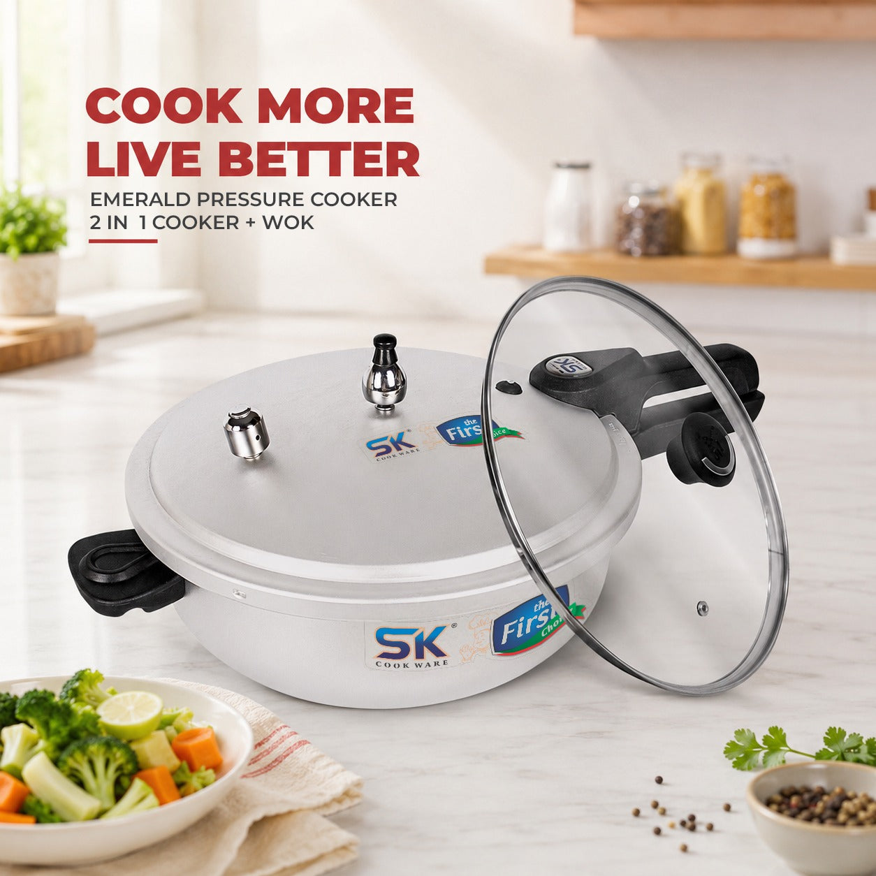 Emerald 2-in-1 Anodized Wok Pressure Cooker Free Glass Lid Details Banner  - Sk Cookware