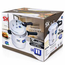A boxed pressure cooker set photographed on a clean white studio background. The main visible subject is the retail packaging box, with printed images of a white and silver pressure cooker and promotional text including 'SK Cooking' and 'Presteam Steamfast Pressure Cooker 2 in 1 11 Litre'.