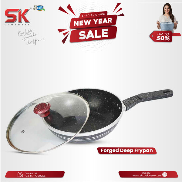 Black Marble Coated Forged Deep Frypan with Glass Lid