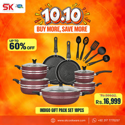 A promotional graphic for a 10-piece Indigo gift pack set from SK Cookware, featuring multiple dark maroon and black non-stick cookware pieces including pots, pans, and utensils, set against a bright orange background with sale text and pricing details.