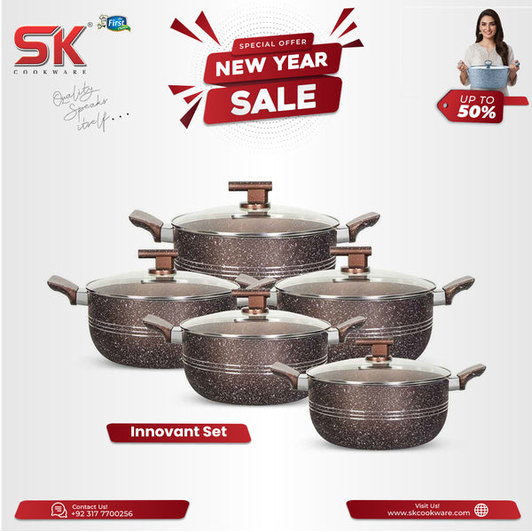 10 Pieces Non Stick Marble Coated Innovant Casserole (Daigchi/Baigona) Set