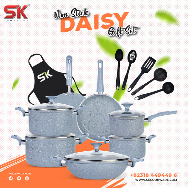 15 Pieces Marble Coated Gift Pack Daisy Light Cookware Set