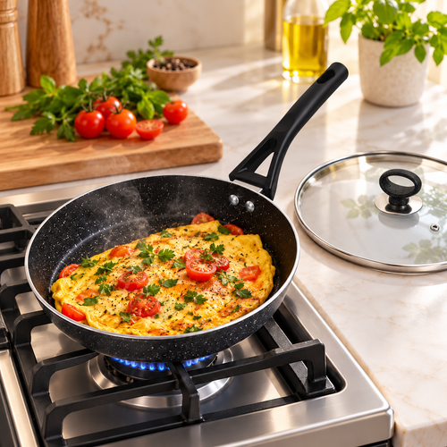 24cm Black Non Stick Marble Coated Signature Frypan with Glass Lid