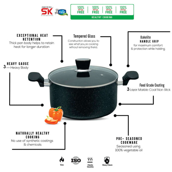 Marble Coated Casserole (Daigchi/Handi/Baigona) with Glass Lid - Black - skcookware