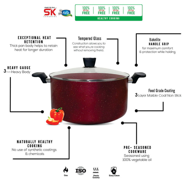 Marble Coated Casserole (Daigchi/Handi/Baigona) with Glass Lid - Maroon - skcookware