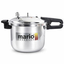 A stainless steel pressure cooker with black handles and a silver lid, featuring a Mario Cookware logo on the front, set against a plain white background.