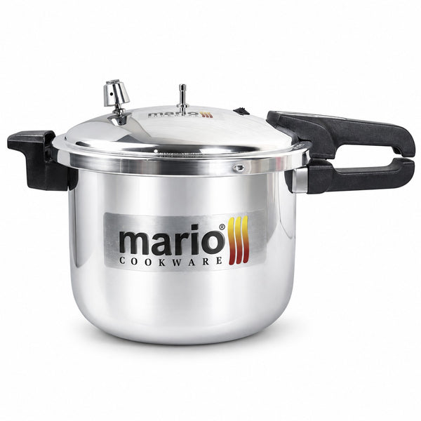 A stainless steel pressure cooker with black handles and a silver lid, featuring a Mario Cookware logo on the front, set against a plain white background.