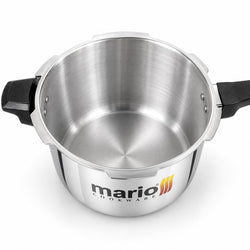 A stainless steel pressure cooker pot with black handles and the Mario Cookware logo printed on the front, shown on a clean white background.