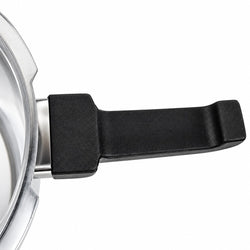 Close-up of a black textured handle attached to a stainless steel pot on a white background.
