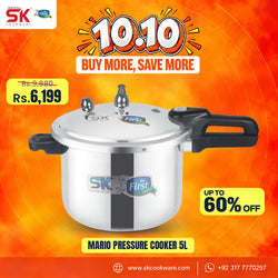 A silver and black SK Cookware Mario pressure cooker 5L, displayed against a vibrant orange and yellow promotional background with text overlays.