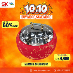 A promotional graphic for a maroon and gold hot pot. The product features a deep maroon-red exterior with gold veining, a polished stainless steel interior, and a gold handle with gold finials on the lid.