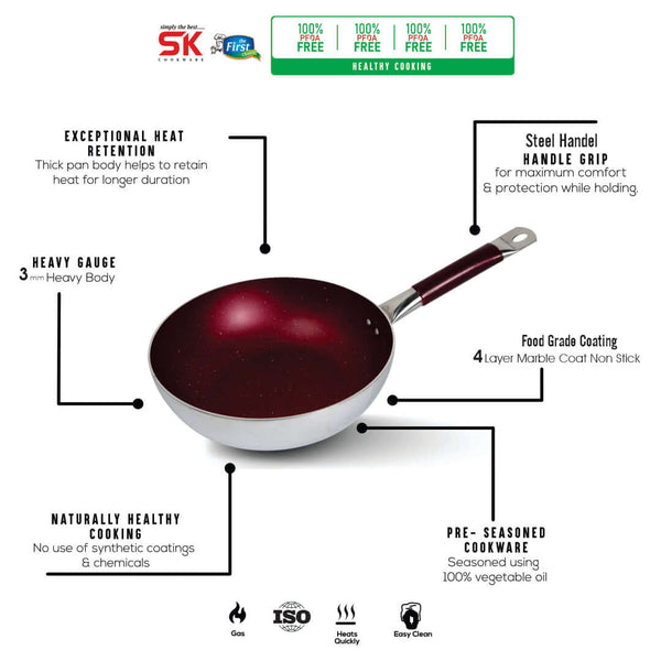 Maroon Mirror Polish Steno Deep Wok Frying Pan inside Marble Coat - skcookware