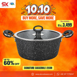 A black speckled non-stick casserole pot with a matching lid, shown on a bright orange promotional background with sale text and SK Cookware branding.