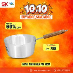 A promotional product graphic for a small metal milk pan. The pan has a silver metallic finish and a brown wooden handle, shown against a bright orange and yellow gradient background with sale text, pricing, and the SK Cookware logo.