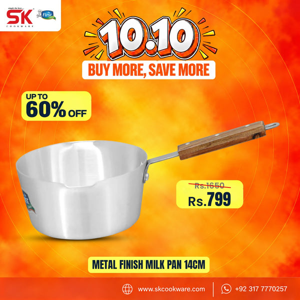 A promotional product graphic for a small metal milk pan. The pan has a silver metallic finish and a brown wooden handle, shown against a bright orange and yellow gradient background with sale text, pricing, and the SK Cookware logo.